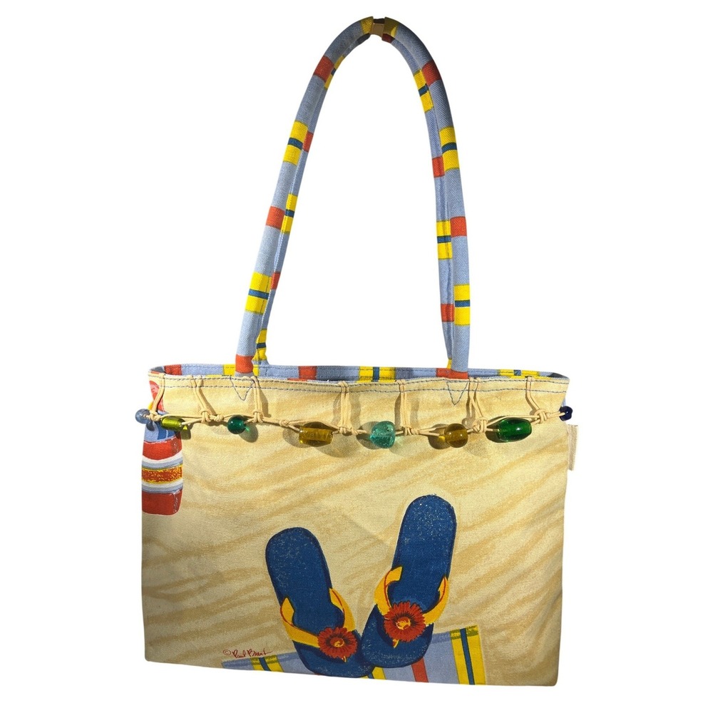 Paul Brent Beaded Tote Bag Sun N Sand Beach Coastal Blue Flip Flops Canvas